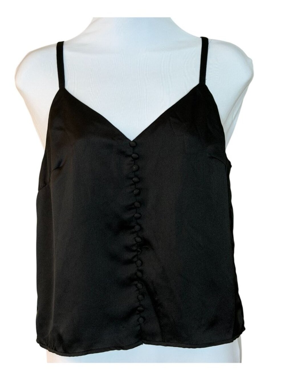 AQUA Blk Adjustable Spaghetti Strap V Neck Covered Button & Loop Camisole S NWT
